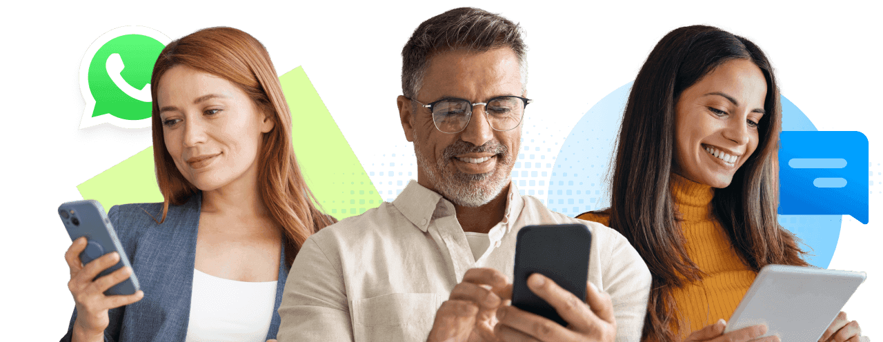 Consumenten gebruiken telefoons en een tablet om via WhatsApp met een bedrijf te berichten